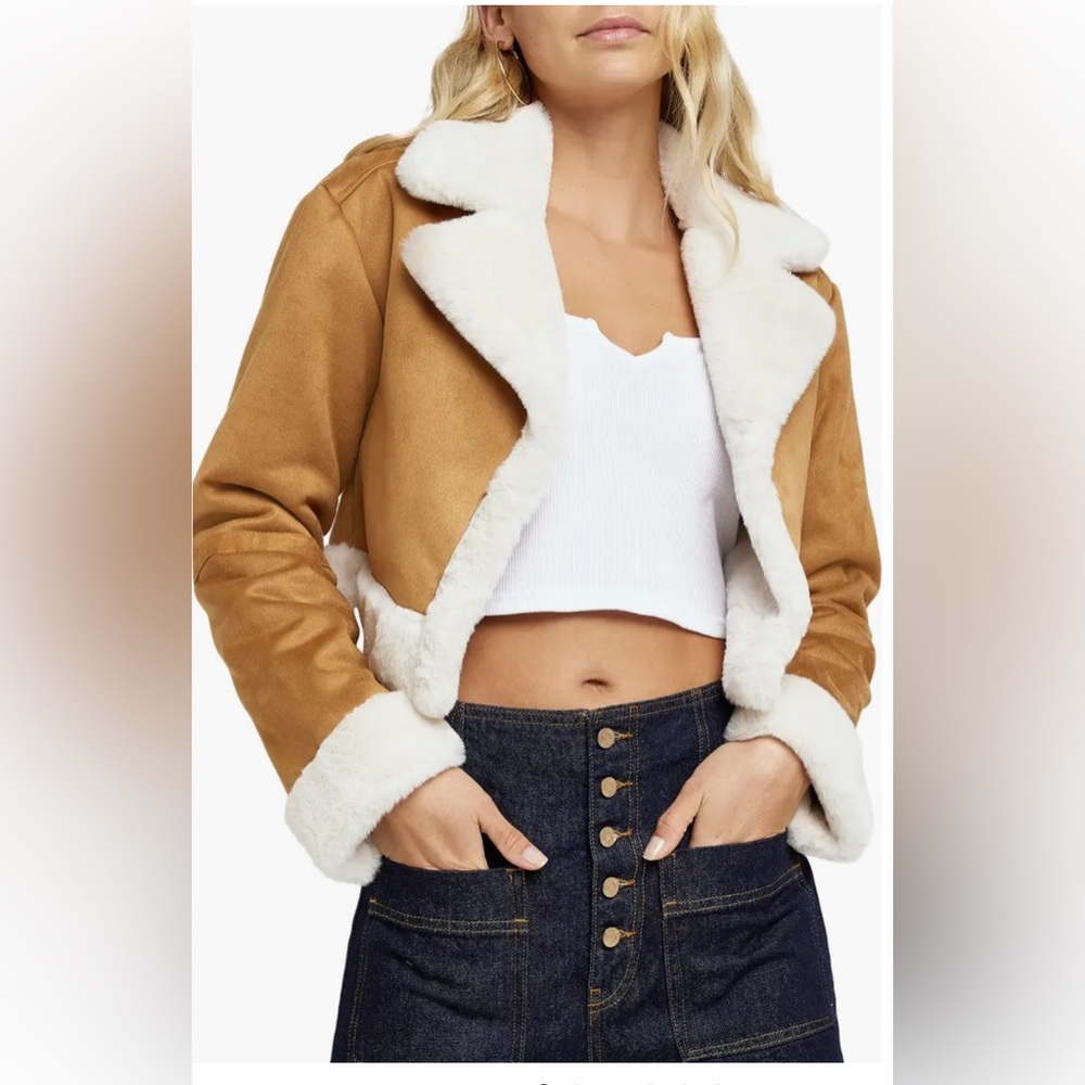 New River Island Crop‎ Faux Shearling Jacket In Tan-brown Size 2